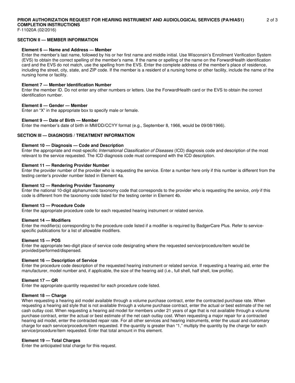 Instructions for Form F-11020 Prior Authorization Request for Hearing Instrument and Audiological Services (Pa / Hias1) - Wisconsin, Page 2