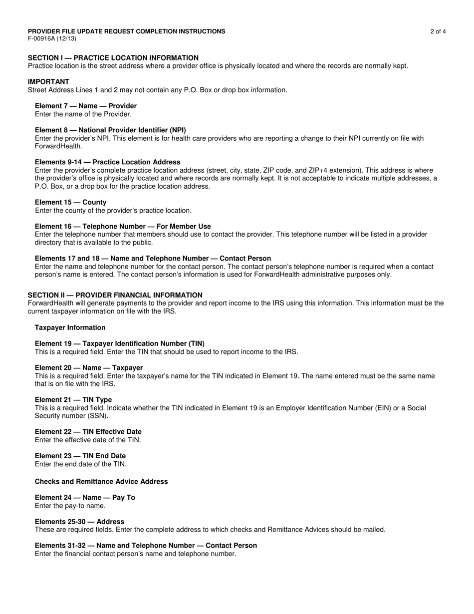 Instructions for Form F-00916 Program Provider File Update Request - Wisconsin AIDS Drug Assistance Program / Wisconsin Chronic Disease Program / Wisconsin Well Woman Program - Wisconsin, Page 2