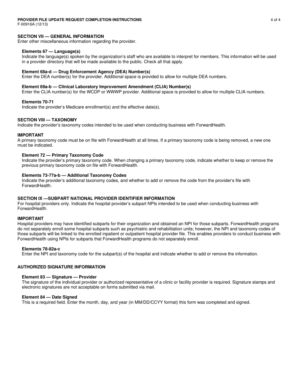 Instructions for Form F-00916 Program Provider File Update Request - Wisconsin AIDS Drug Assistance Program / Wisconsin Chronic Disease Program / Wisconsin Well Woman Program - Wisconsin, Page 4