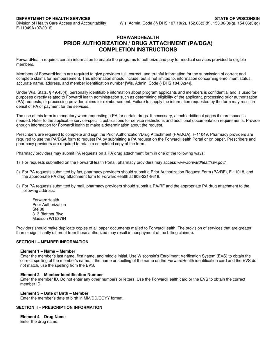 Instructions for Form F-11049 Prior Authorization / Drug Attachment (Pa / Dga) - Wisconsin, Page 1