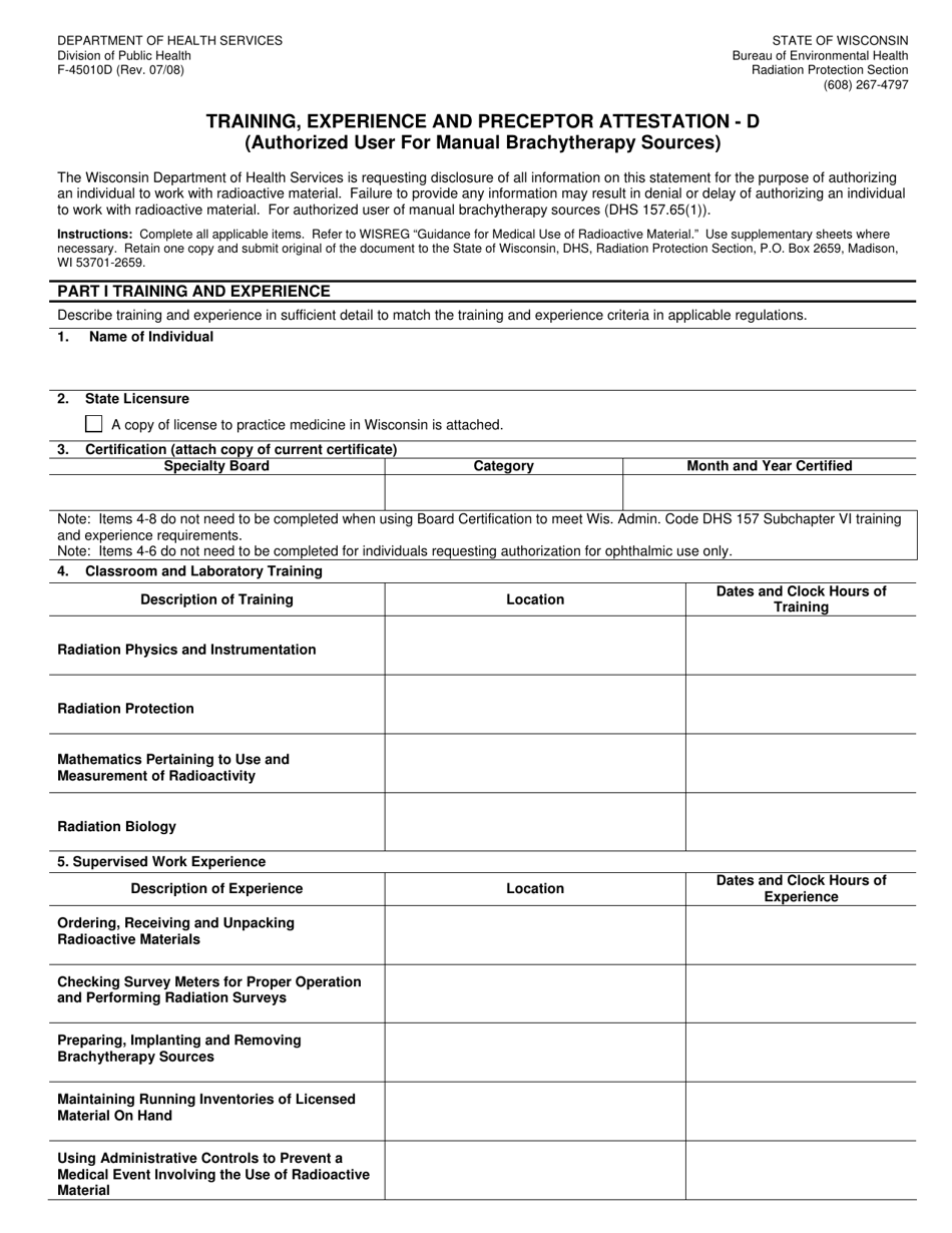 Form F-45010D Training, Experience and Preceptor Attestation - D (Authorized User for Manual Brachytherapy Sources) - Wisconsin, Page 1