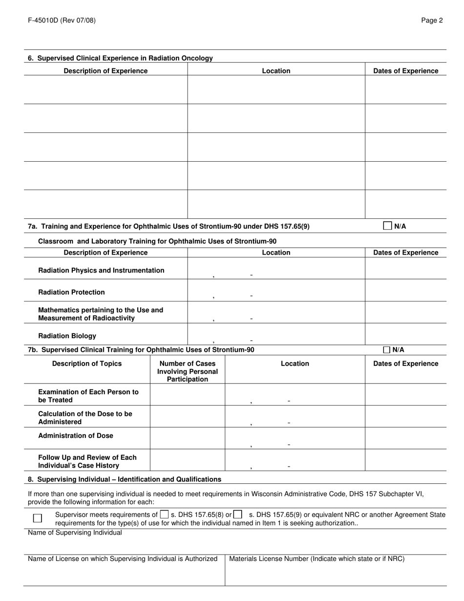 Form F-45010D Training, Experience and Preceptor Attestation - D (Authorized User for Manual Brachytherapy Sources) - Wisconsin, Page 2
