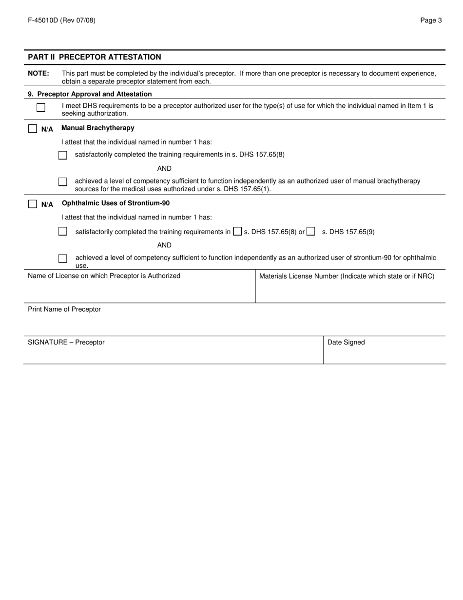 Form F-45010D Training, Experience and Preceptor Attestation - D (Authorized User for Manual Brachytherapy Sources) - Wisconsin, Page 3
