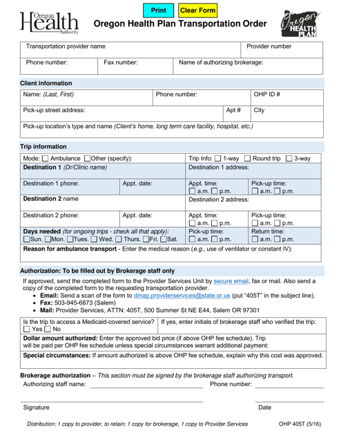 Form OHP405T Oregon Health Plan Transportation Order - Oregon