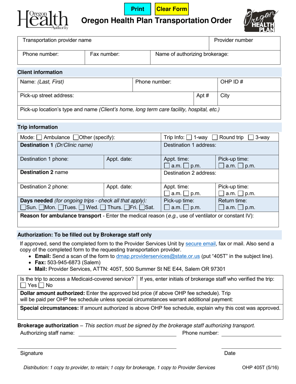 Form OHP405T Oregon Health Plan Transportation Order - Oregon, Page 1