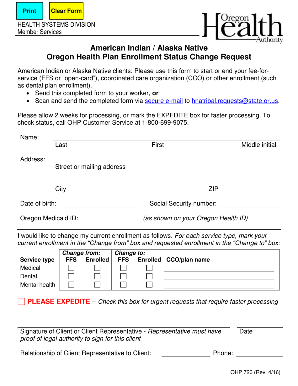 Form OHP720 American Indian / Alaska Native Oregon Health Plan Enrollment Status Change Request - Oregon, Page 1