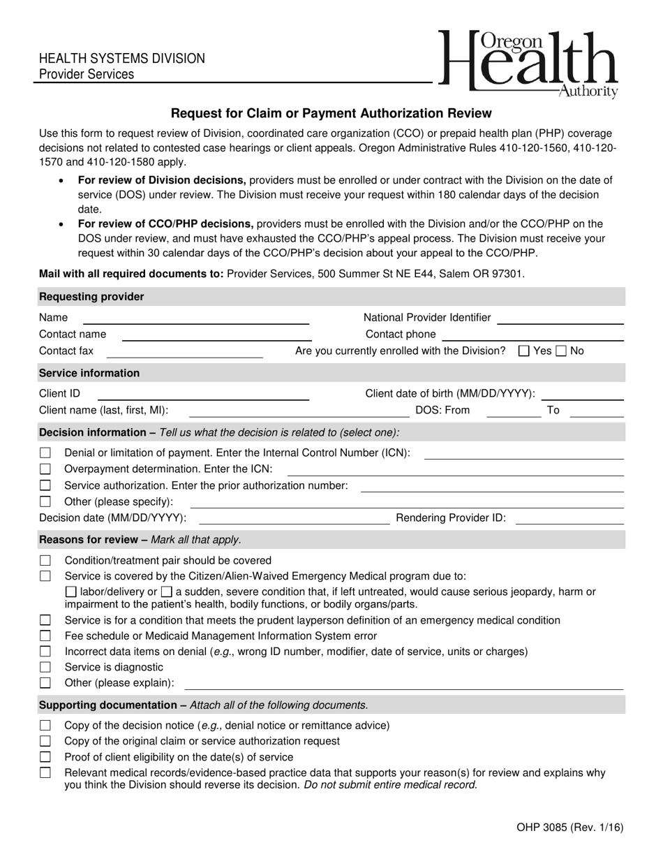 Form OHP3085 Request for Claim or Payment Authorization Review - Oregon, Page 1