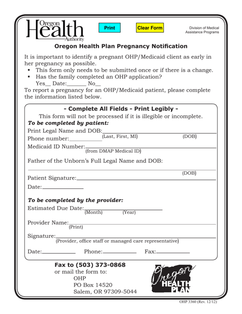 Form OHP2260 Oregon Health Plan Pregnancy Notification - Oregon