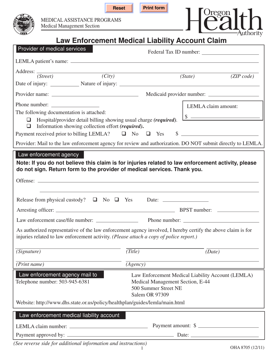 Form OHA8705 Law Enforcement Medical Liability Account Claim - Oregon, Page 1