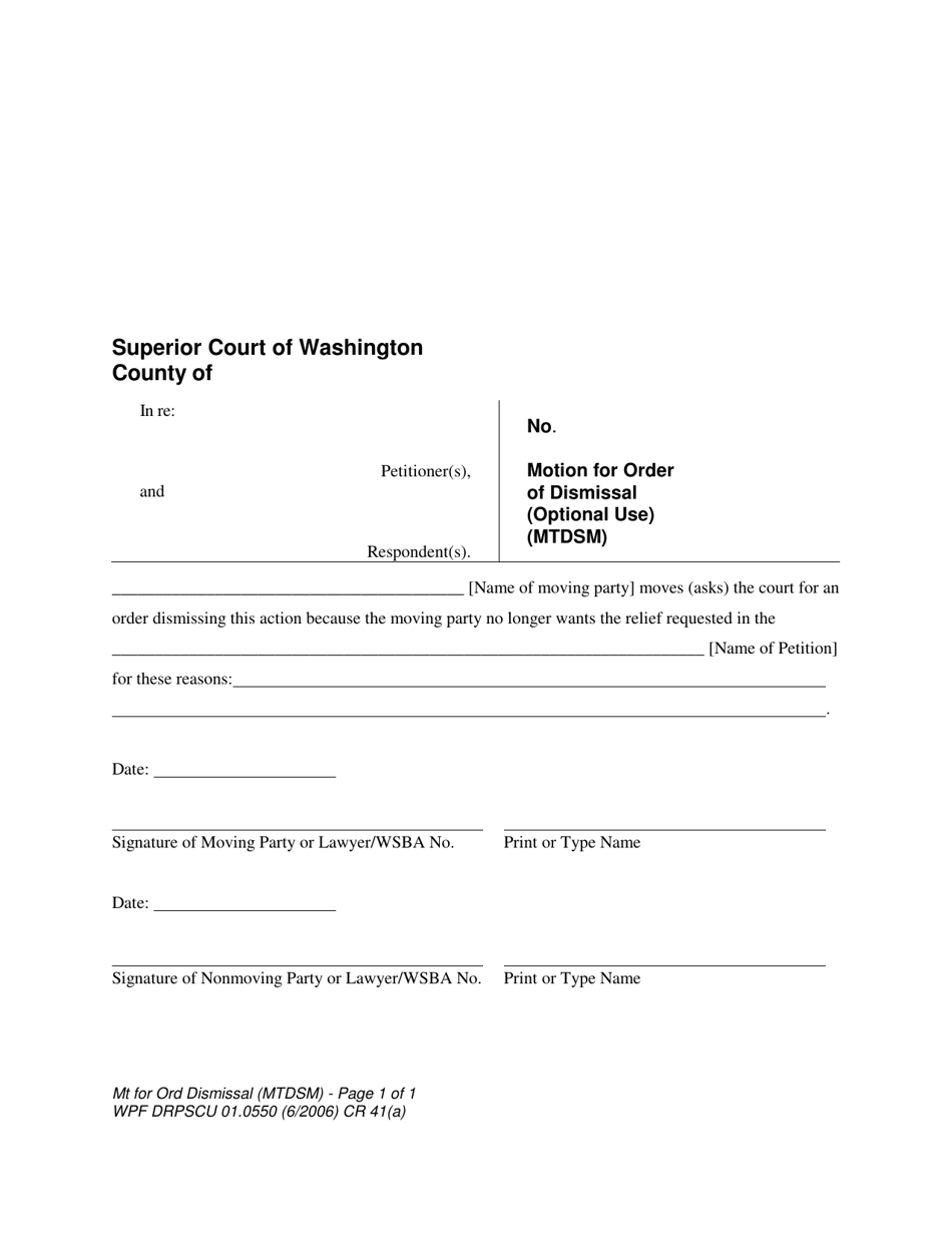 Form WPF DRPSCU01.0550 Motion for Order of Dismissal (Optional Use) - Washington, Page 1
