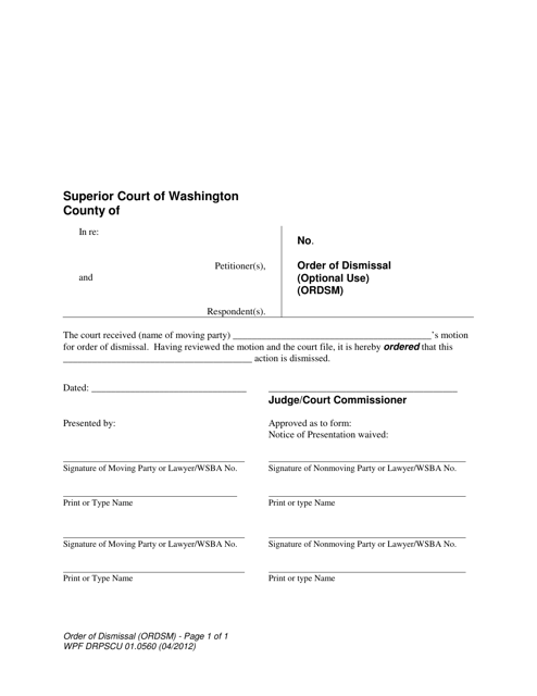 Form WPF DRPSCU01.0560 Order of Dismissal (Optional Use) - Washington