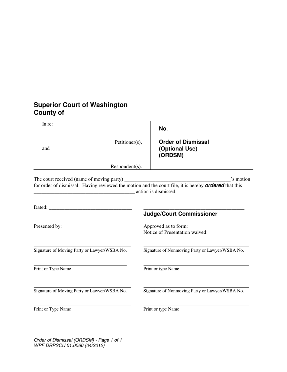 Form WPF DRPSCU01.0560 Order of Dismissal (Optional Use) - Washington, Page 1
