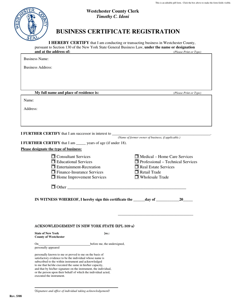 Business Certificate Registration - Westchester County, New York, Page 1