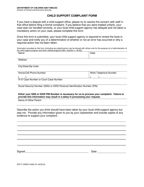 Form DCF-F-DWSC14363 Child Support Complaint Form - Wisconsin