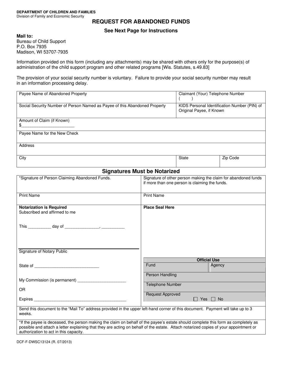 Form DCF-F-DWSC13124 - Fill Out, Sign Online And Download Printable PDF ...