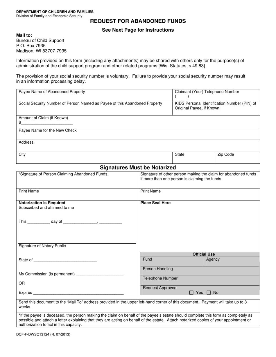 Form DCF-F-DWSC13124 Request for Abandoned Funds - Wisconsin, Page 1