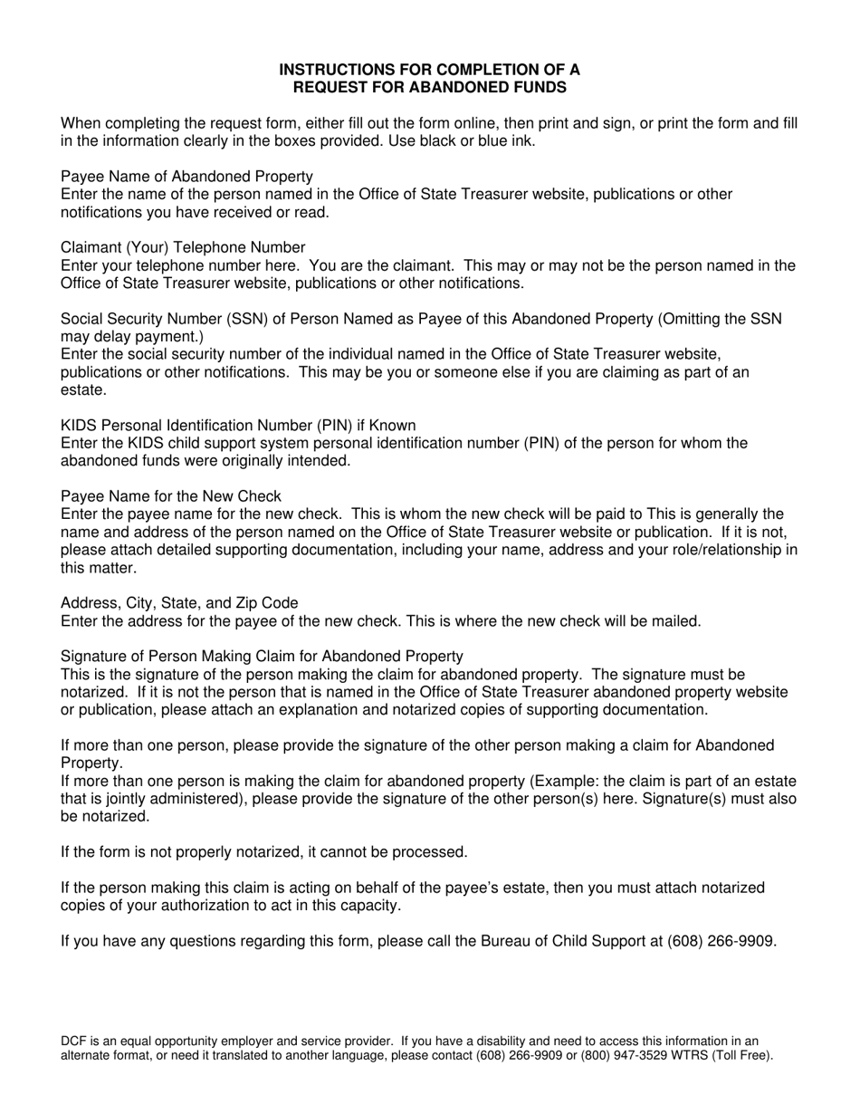 Form DCF-F-DWSC13124 Request for Abandoned Funds - Wisconsin, Page 2