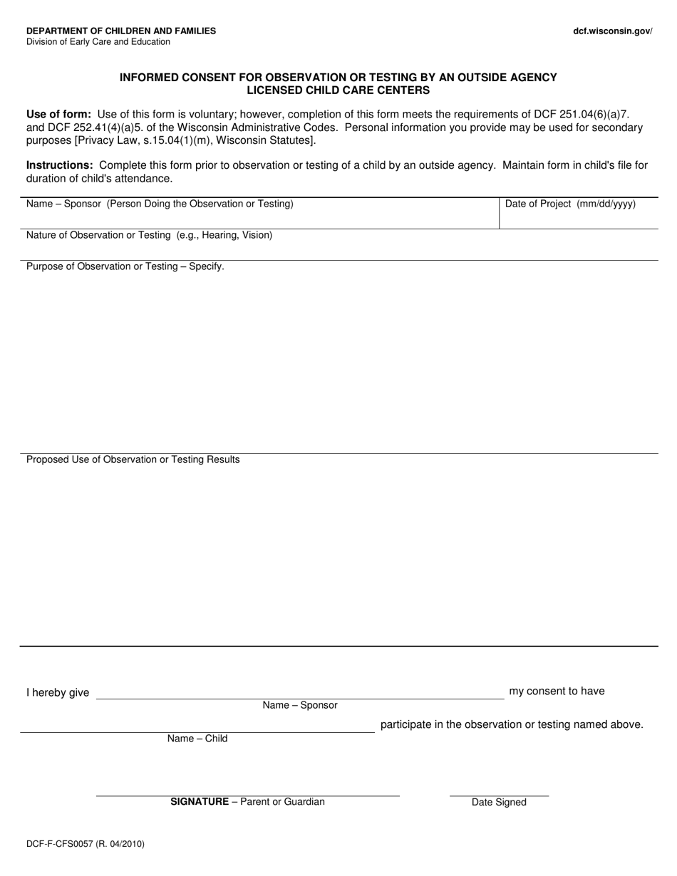 Form DCF-F-CFS0057 Informed Consent for Observation or Testing by an Outside Agency - Licensed Child Care Centers - Wisconsin, Page 1