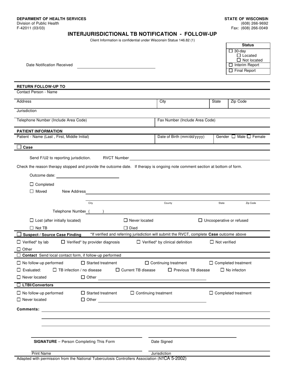Form F-42011 Interjurisdictional Tb Notification - Follow-Up - Wisconsin, Page 1