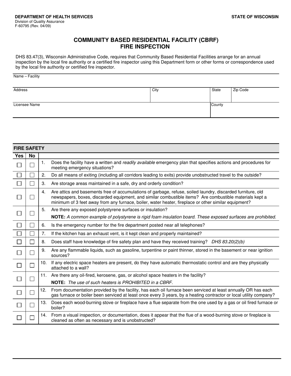 Form F-60795 Community Based Residential Facility (Cbrf) Fire Inspection - Wisconsin, Page 1