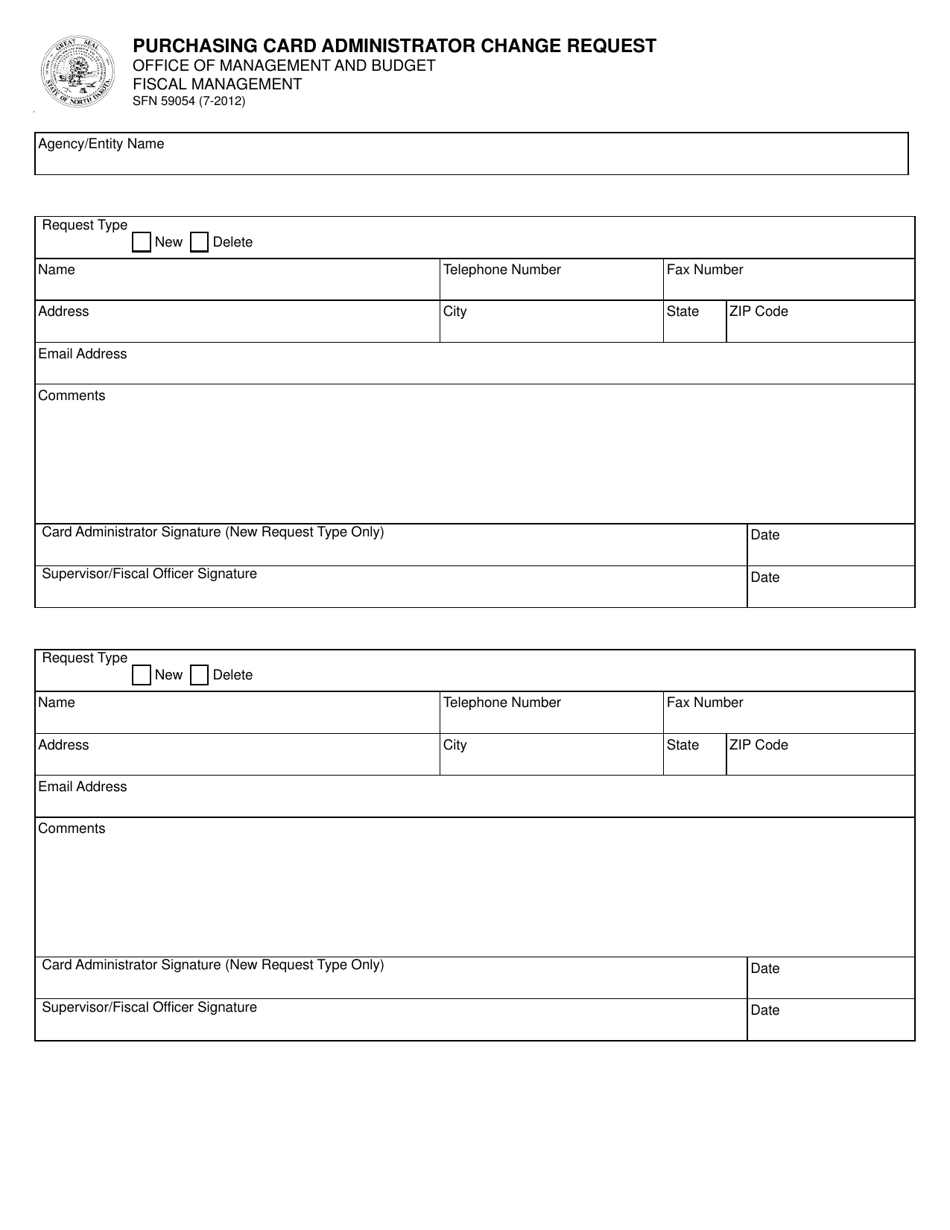 Form SFN59054 Purchasing Card Administrator Change Request - North Dakota, Page 1