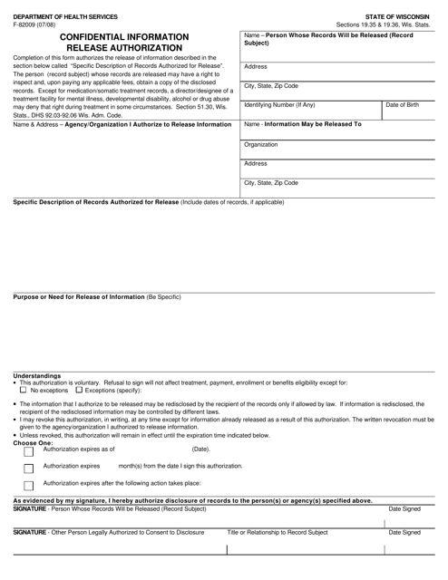 Form F-82009 Confidential Information Release Authorization - Generic - Wisconsin