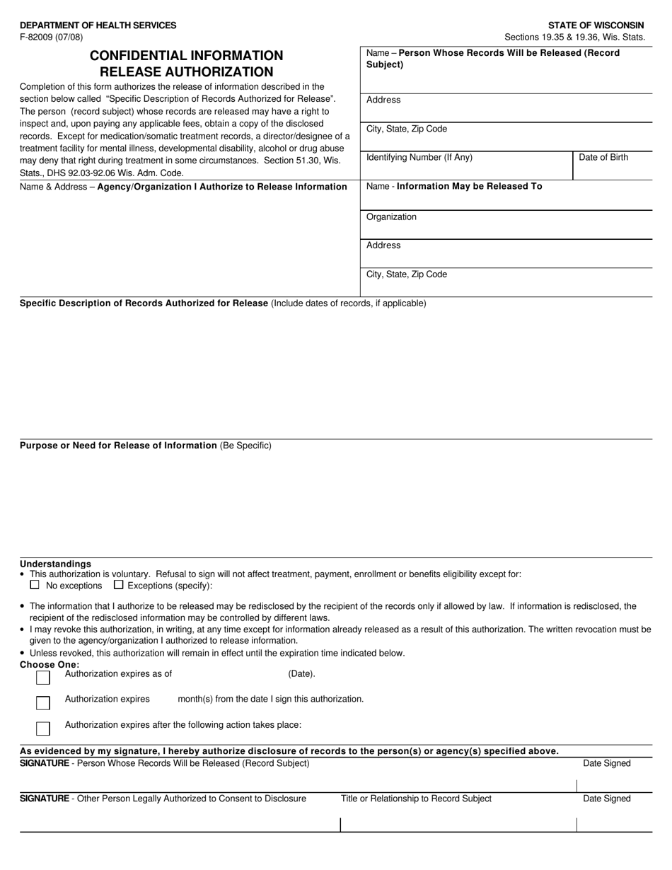 Form F-82009 Confidential Information Release Authorization - Generic - Wisconsin, Page 1