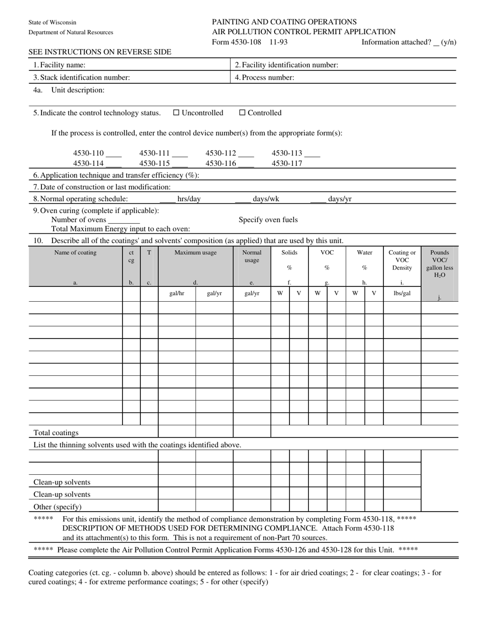 Form 4530-108 Painting and Coating Operations Air Pollution Control Permit Application - Wisconsin, Page 1