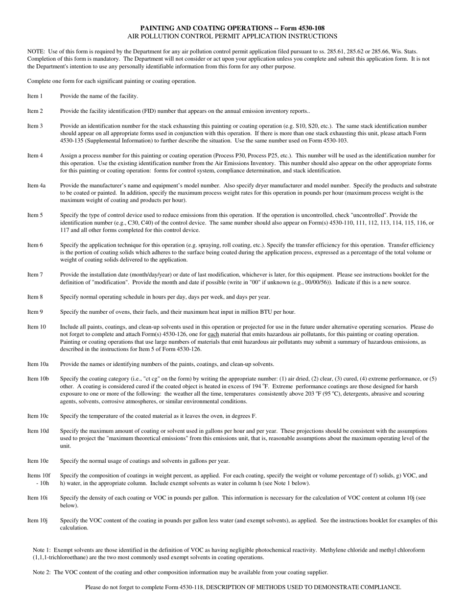 Form 4530-108 Painting and Coating Operations Air Pollution Control Permit Application - Wisconsin, Page 2