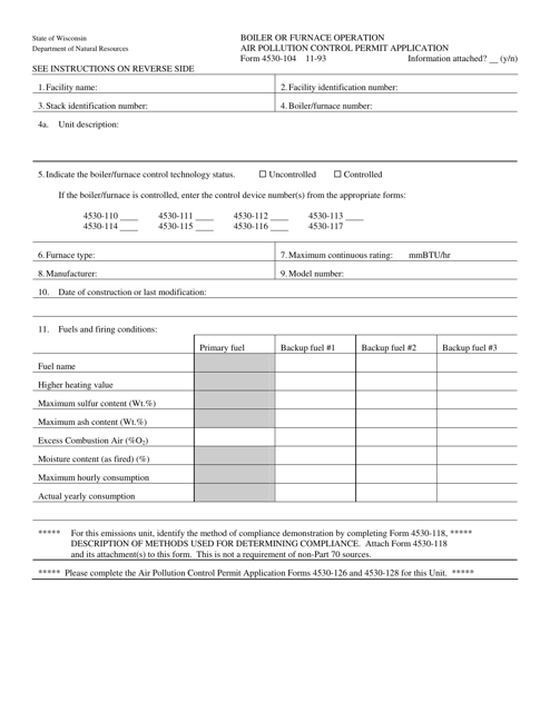 Form 4530-104 Boiler or Furnace Operation Air Pollution Control Permit Application - Wisconsin