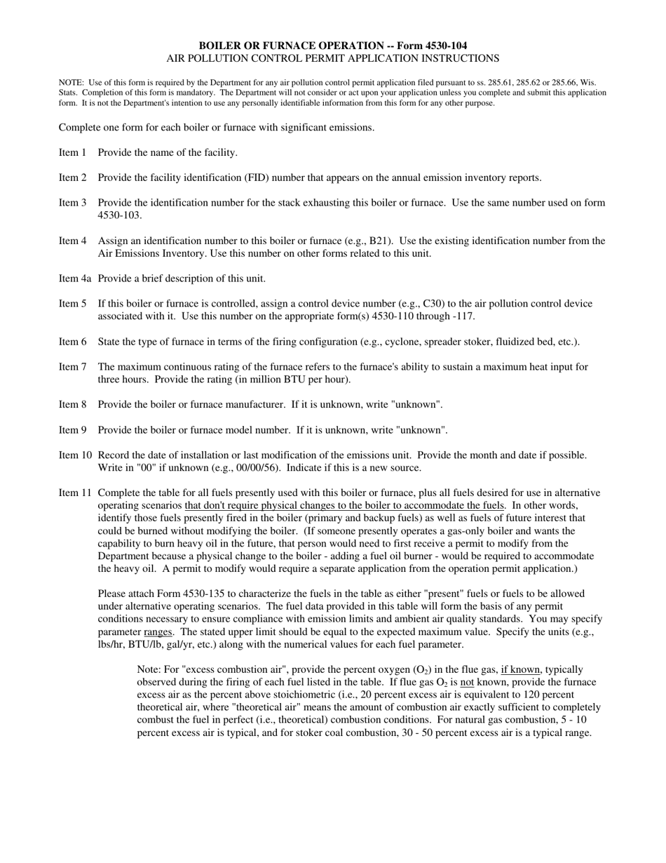 Form 4530-104 Boiler or Furnace Operation Air Pollution Control Permit Application - Wisconsin, Page 2