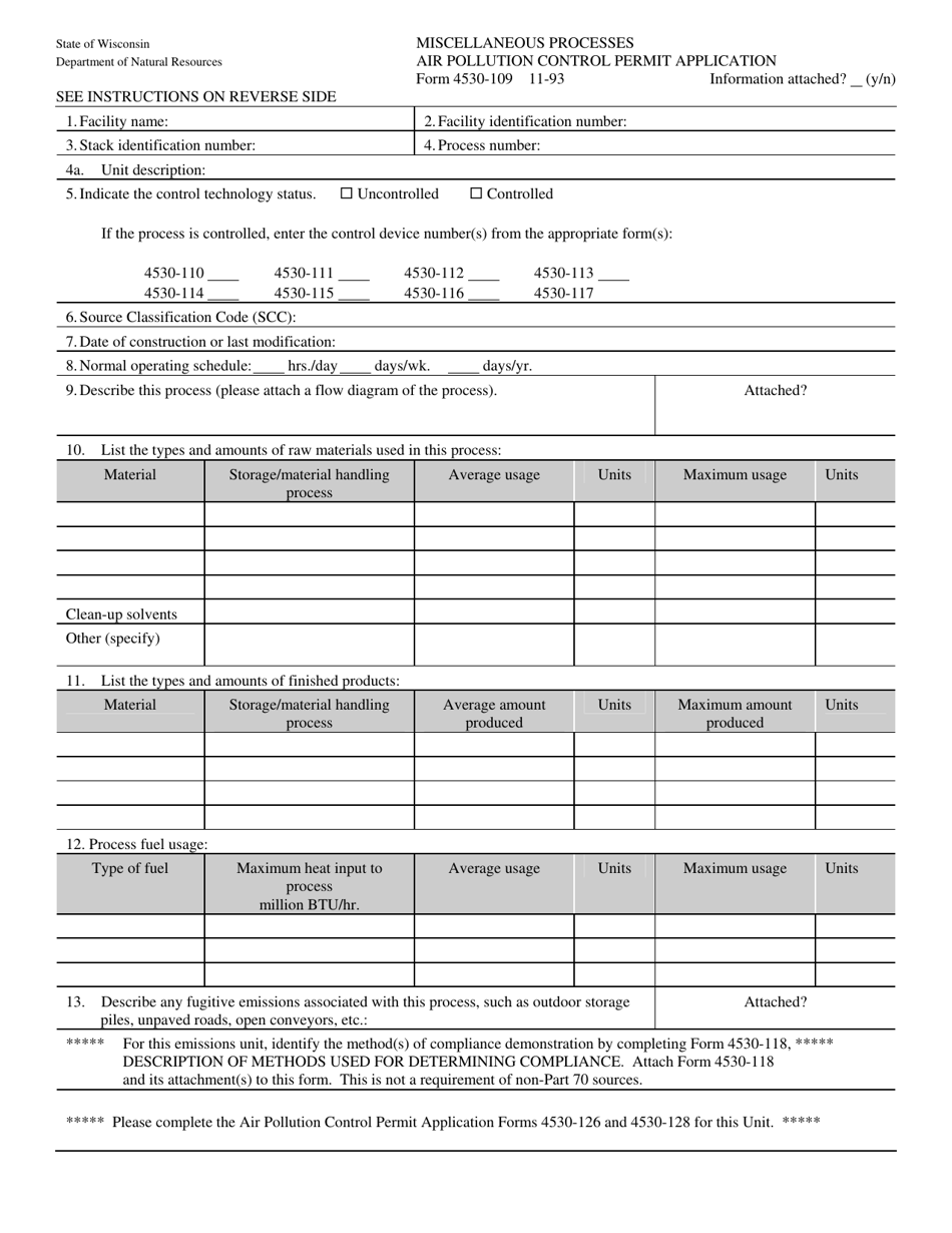 Form 4530-109 Miscellaneous Processes Air Pollution Control Permit Application - Wisconsin, Page 1