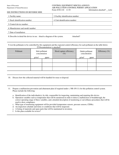 Form 4530-110 Control Equipment - Miscellaneous Air Pollution Control Permit Application - Wisconsin