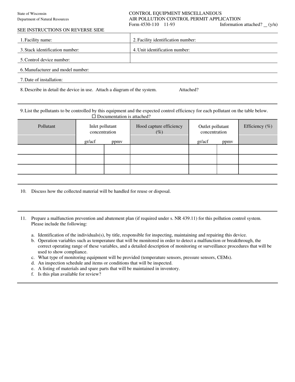 Form 4530-110 Control Equipment - Miscellaneous Air Pollution Control Permit Application - Wisconsin, Page 1