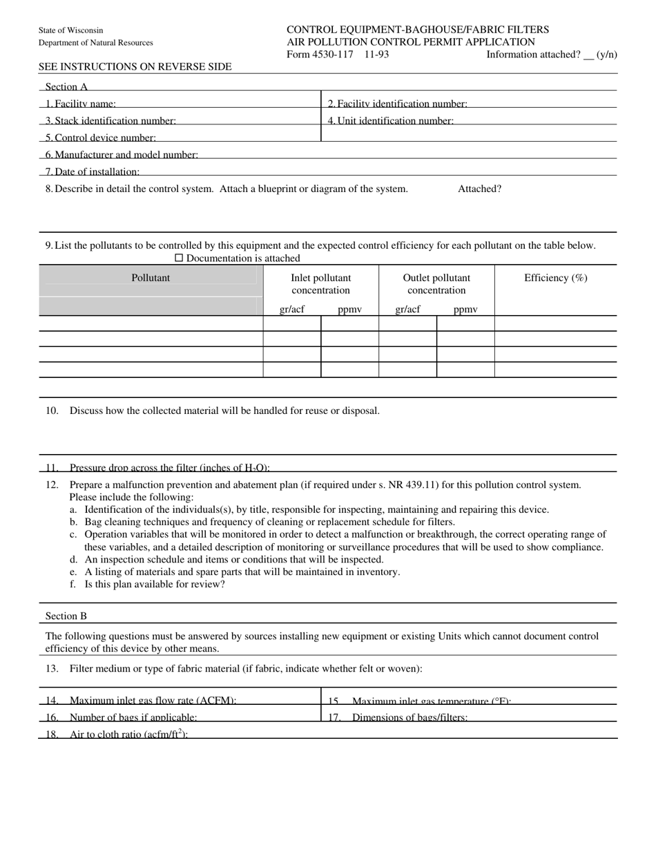 Form 4530-117 Control Equipment - Baghouse / Fabric Filters Air Pollution Control Permit Application - Wisconsin, Page 1