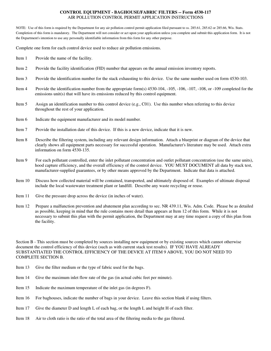 Form 4530-117 Control Equipment - Baghouse / Fabric Filters Air Pollution Control Permit Application - Wisconsin, Page 2
