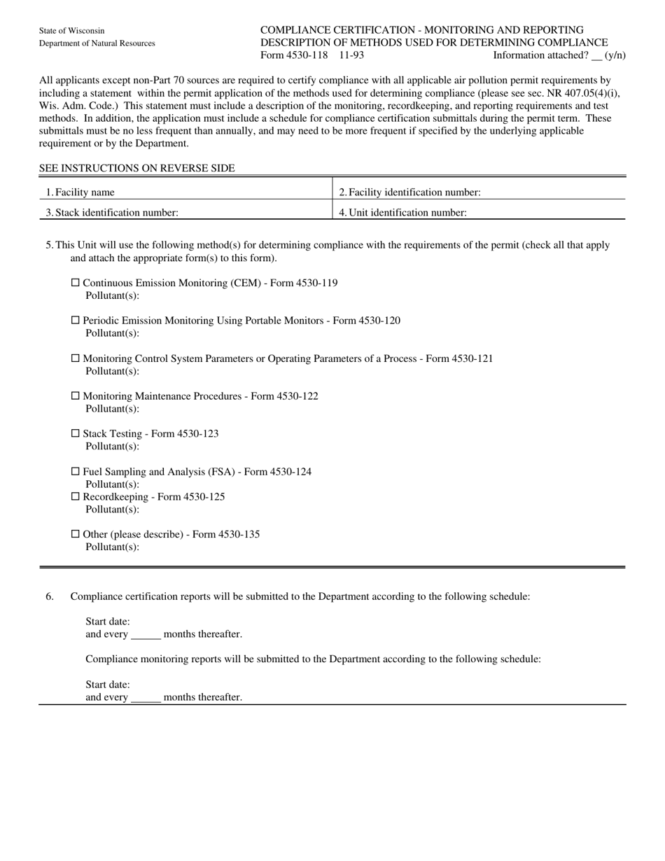 Form 4530-118 Compliance Certification - Monitoring and Reporting Methods - Wisconsin, Page 1