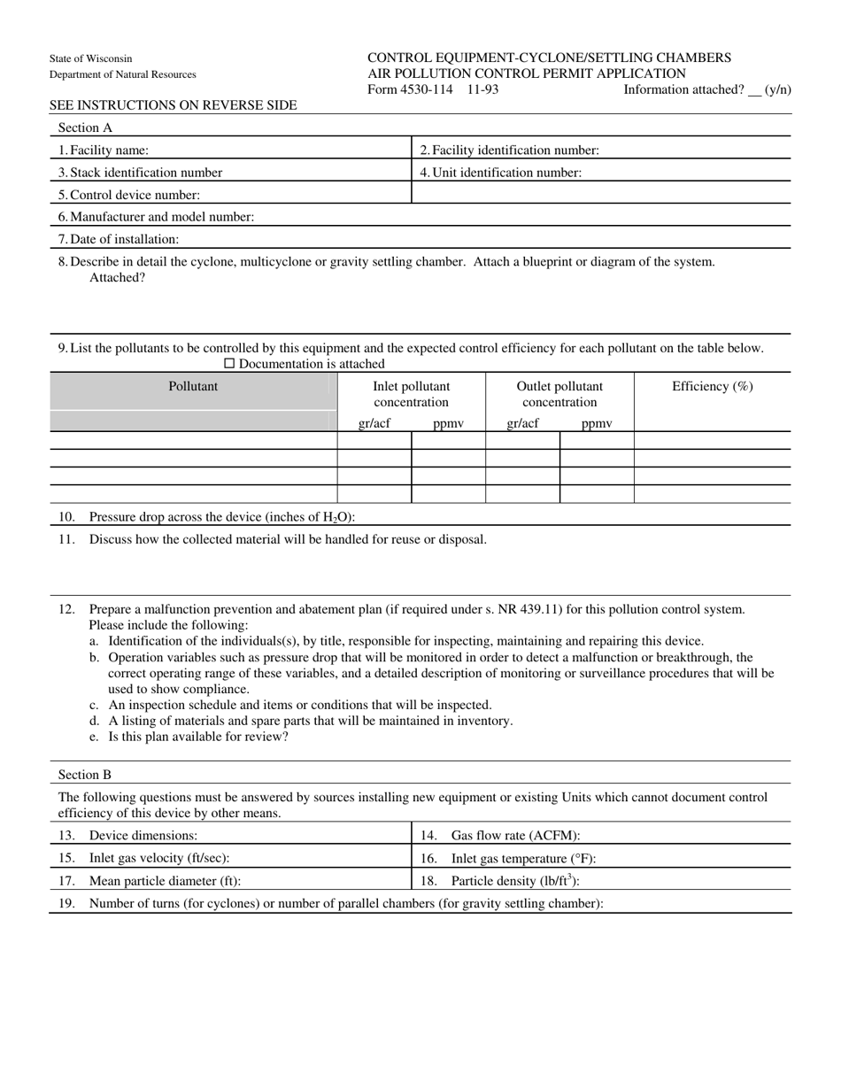 Form 4530-114 Air Pollution Control Permit Application - Cyclone / Settling Chambers - Wisconsin, Page 1