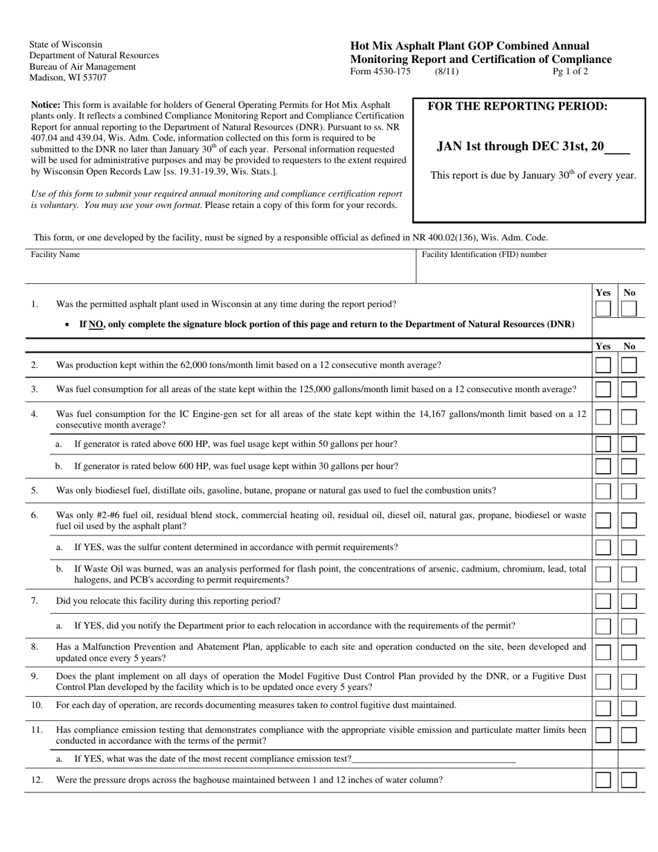 Form 4530-175 Hot Mix Asphalt Plant Gop Combined Annual Monitoring Report and Certification of Compliance - Wisconsin, Page 1