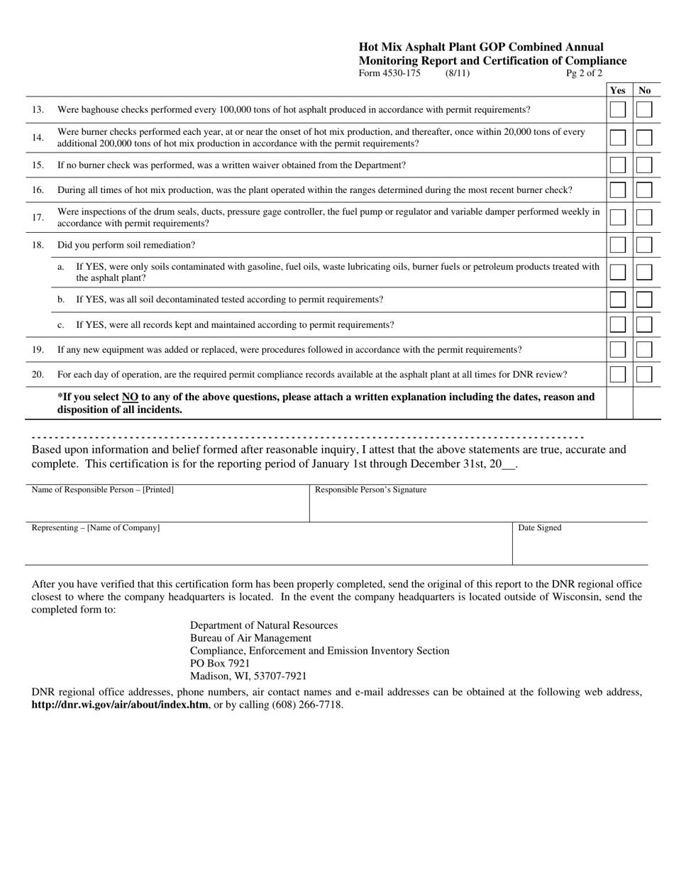Form 4530-175 Hot Mix Asphalt Plant Gop Combined Annual Monitoring Report and Certification of Compliance - Wisconsin, Page 2