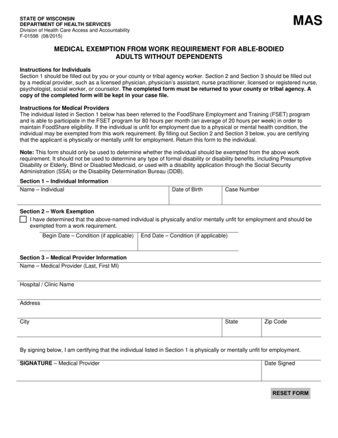 Form F-01598 Medical Exemption From Work Requirement for Able-Bodied Adults Without Dependents - Wisconsin