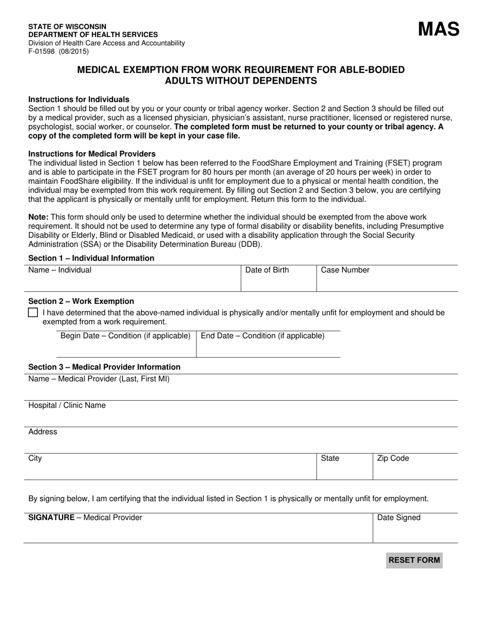 Form F-01598 Medical Exemption From Work Requirement for Able-Bodied Adults Without Dependents - Wisconsin, Page 1