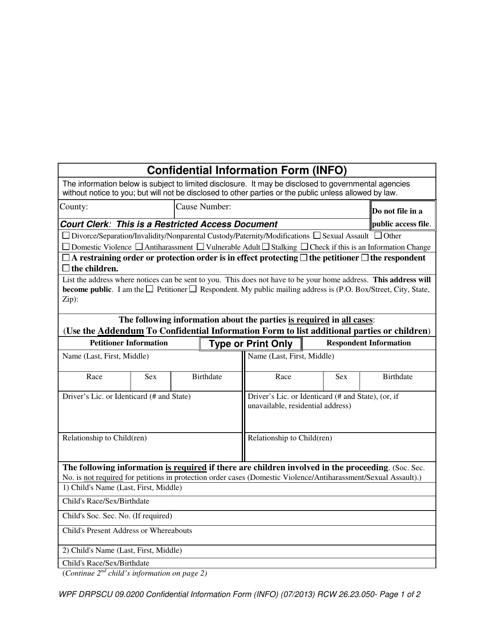 Form WPF DRPSCU09.0200 Confidential Information Form (Info) - Washington