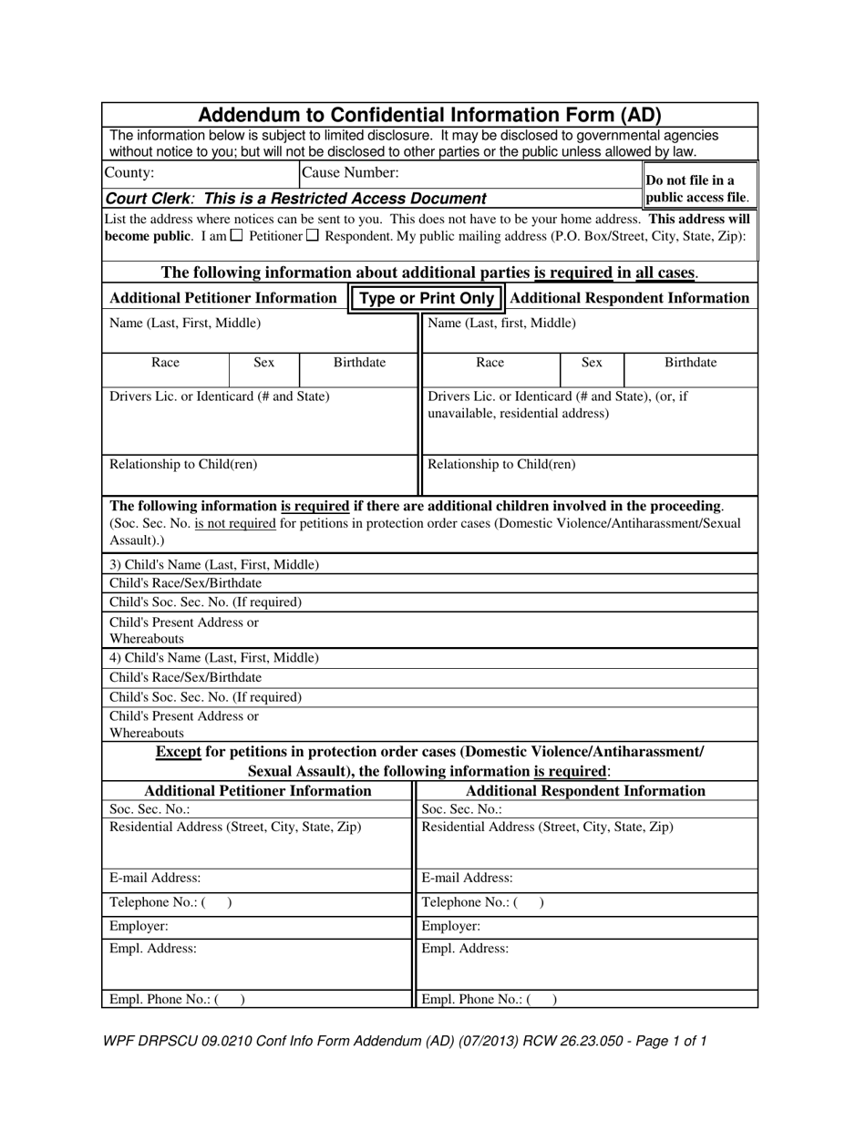 Form WPF DRPSCU09.0210 Addendum to Confidential Information Form (Ad) - Washington, Page 1