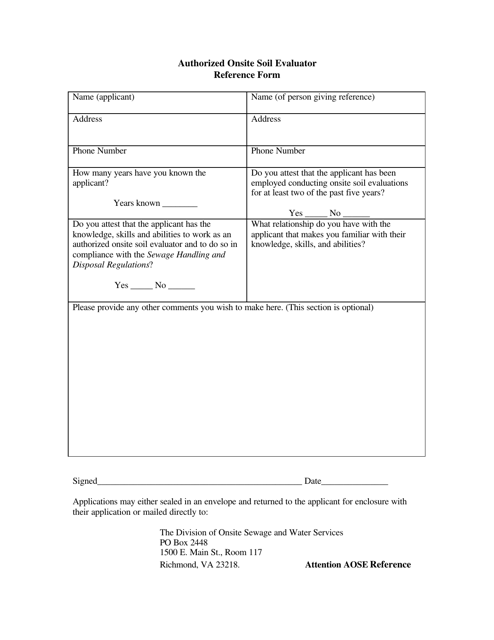 Authorized Onsite Soil Evaluator Reference Form - Virginia Download Pdf