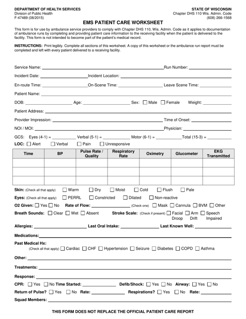 Form F-47489 EMS Patient Care Worksheet - Wisconsin