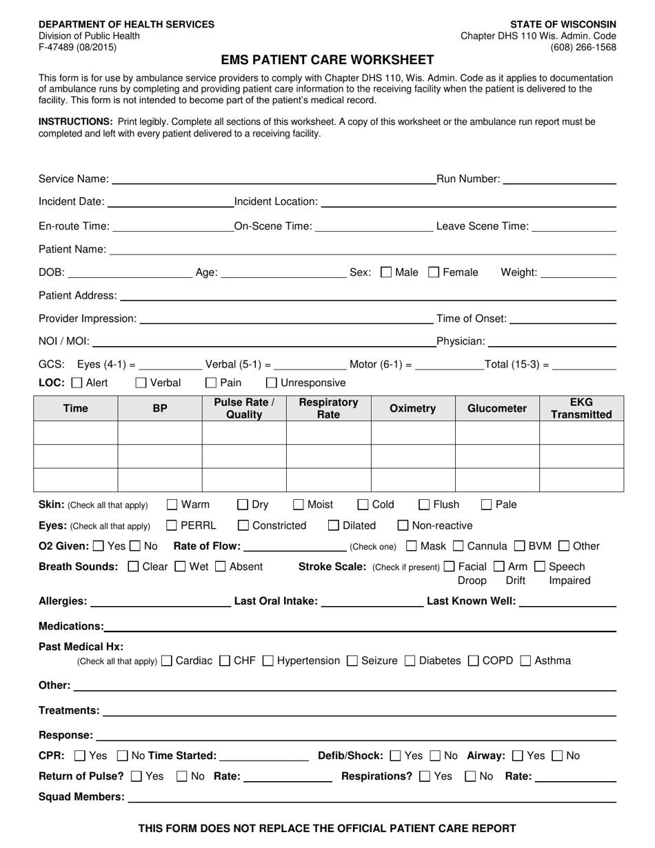 Form F-47489 EMS Patient Care Worksheet - Wisconsin, Page 1