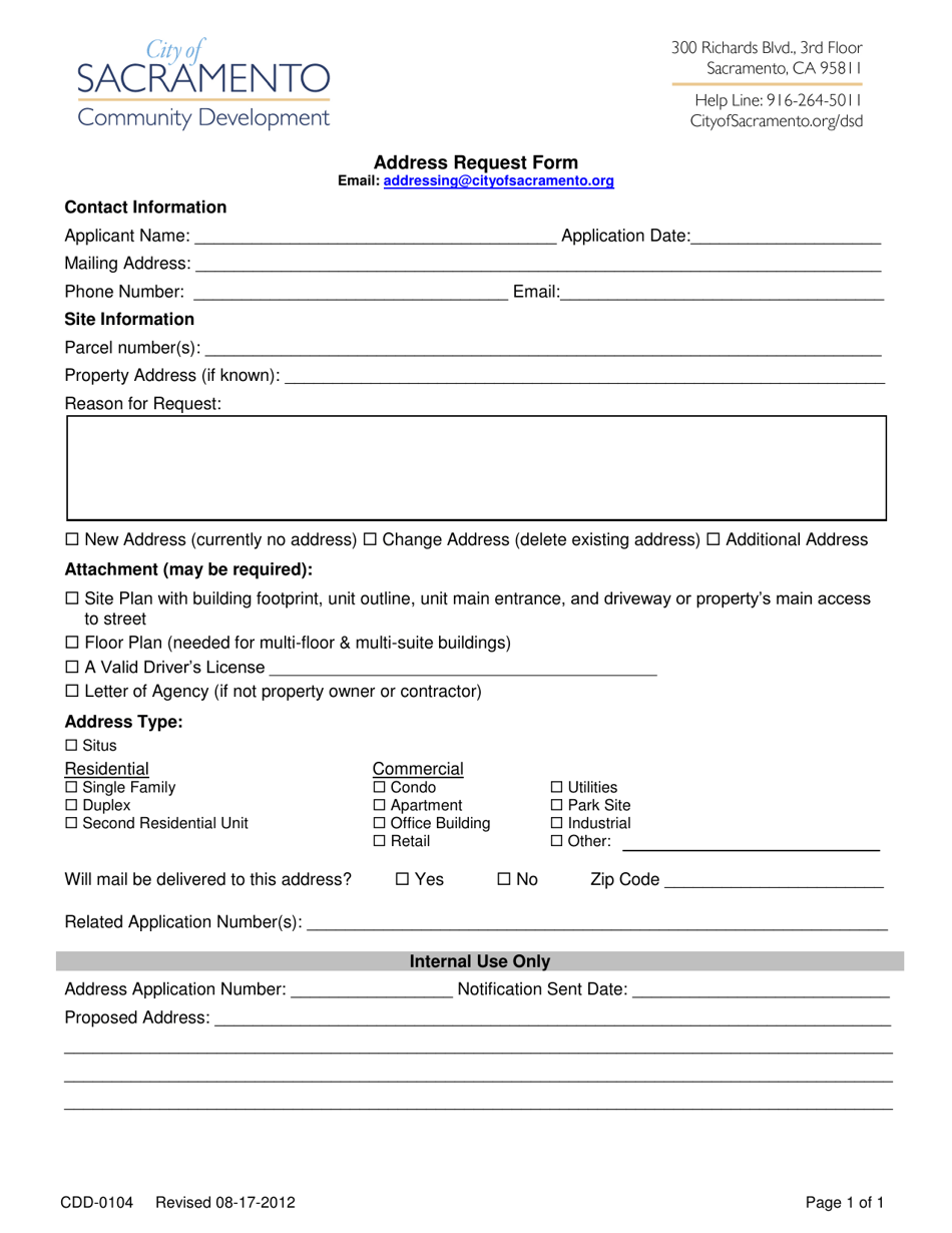 Form CDD-0104 Address Request Form - City of Sacramento, California, Page 1