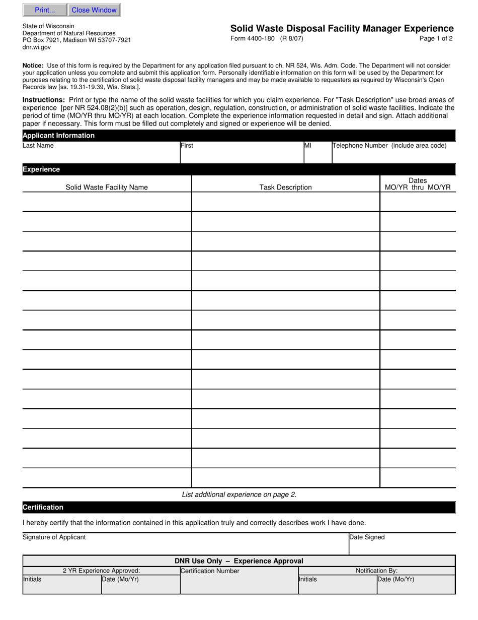 Form 4400-180 Solid Waste Disposal Facility Manager Experience - Wisconsin, Page 1