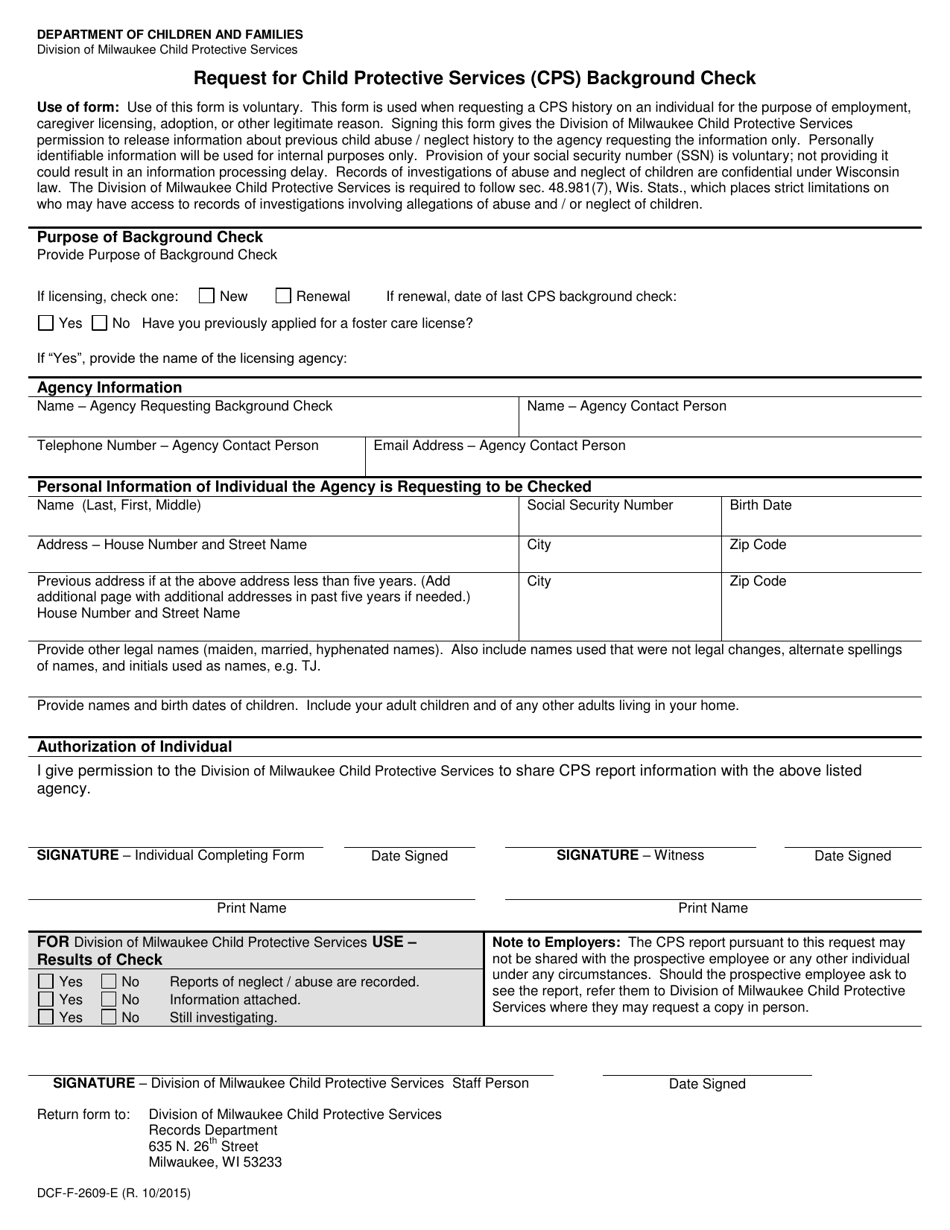 Form DCF-F-2609-E Request for Child Protective Services (Cps) Background Check - Wisconsin, Page 1